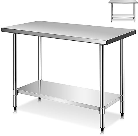 GiantexUK Stainless Steel Catering Table, 48x30Inch/48x24Inch/36x24Inch Commercial Work Table with Adjustable Shelf & Non-slip Footpads, Heavy Duty Food Prep Workbench for Kitchen Garage (122x61x90cm)