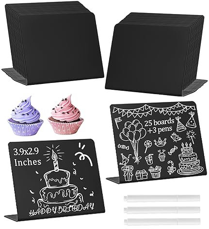 FAOKZE Mini Kreidetafel Set, 25stk Kreidetafel Klein mit 3 Tafelstifte Abwischbar,Kleine Kreidetafeln zum Beschriften,Mini Tafeln für Buffet, Hochzeit, Party, Preisschilder, Platzkarte Namen