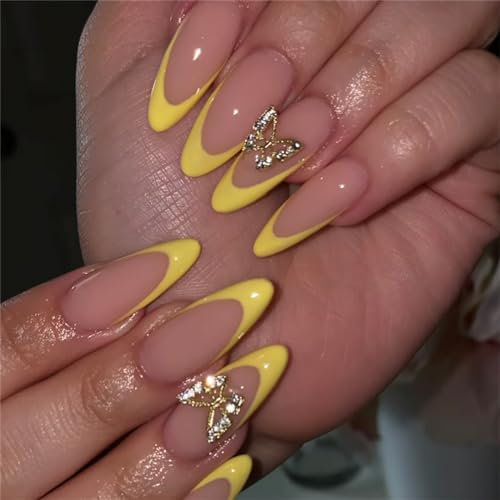 Soild Butterfly Fake Nail Short Almond Press on Nails Cream Yellow French Tips for Women and Girls Nail Art Decoration Manicure 24pcs