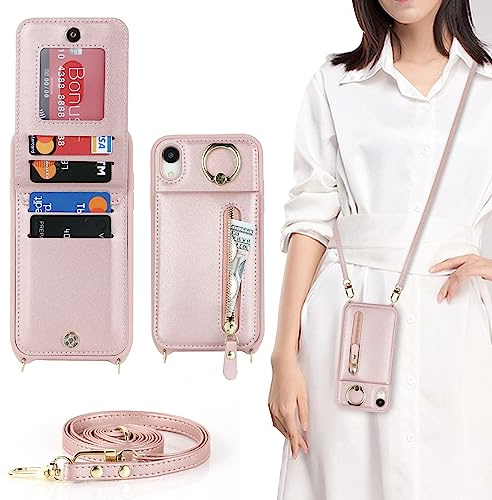 CAVOR Handykette iPhone XR Hülle Mit Band,Handyhülle iPhone XR,Flip Leder Geldborse Handyhülle,[4 Kartenfach][Mit Ring Stander][Schnalle],Klapphülle Handyhülle für iPhone XR - Rose Gold