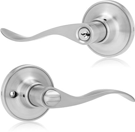 XFORT Cabriole Entrance Knob Set Satin Chrome, Door Knob with Lock for Internal Wooden Doors, Complete Set with Tubular Latch and 3 Keys.