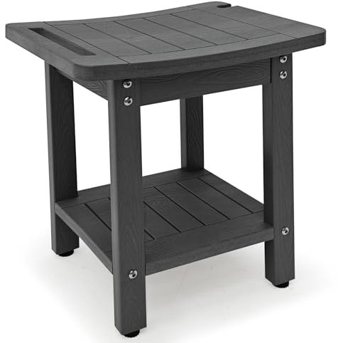Meluvici Banc de douche en HDPS - Tabouret de douche pour l'intérieur et l'extérieur - Chaise de douche imperméable avec étagère pour le rasage des jambes, spa et salle de bain - Gris