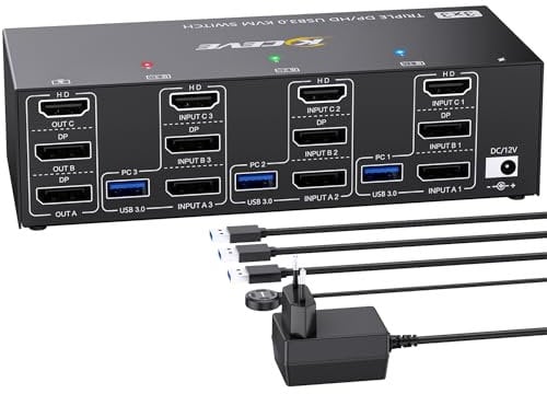 KVM Switch 3 PC 3 Monitore 8K@60Hz 4K@144Hz,Triple Monitor HDMI+2 Displayport KVM Switch für 3 PC Teilen 3 Monitors und 4 USB3.0-Geräte, mit 12V DC Netzteil, verdrahtet Fernbedienung und 3 USB-Kabel