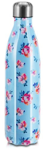 Bouteille d'eau Acier Inoxydable, Gourde Isotherme Réutilisable Gourde Inox sans BPA isolé à Bouteille Isotherme pour Froide Pendant 24heures, Chaude Pendant 12 Heures (Fleurs Bleu, 750ml)