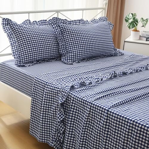 K MASANIJI 4-teiliges Bettwäsche-Set mit Rüschen, Vichy-Muster, Marineblau / Weiß