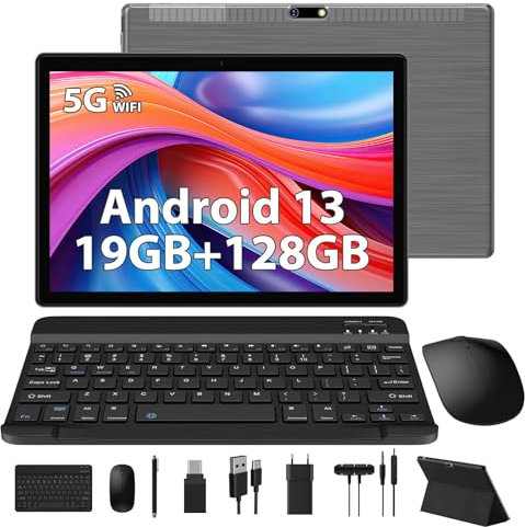 MIXLURE 2024 Android 13 Tablet 10 Pollici 19GB RAM+128GB ROM (TF 1TB) 丨Octa Core 2.0Ghz 丨5G+2.4G WiFi丨Bt5.0丨8000mAh丨1280 * 800pixels丨5+8MP丨Tablet con Tastiera e Mouse,Custodia. -Grigio K110