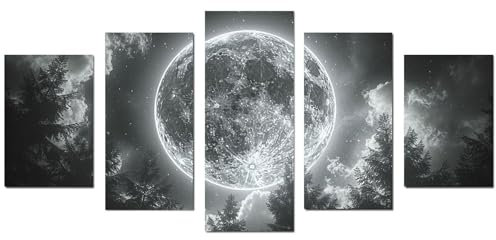 JOSUE Lot De 5 Tableau Paysage ForêT Arbre de lune poster geant mural Toile,Noir,blanc Peintures Pour Chambre Maison Bain Salon Restaurant- 100x200cm Sans cadre