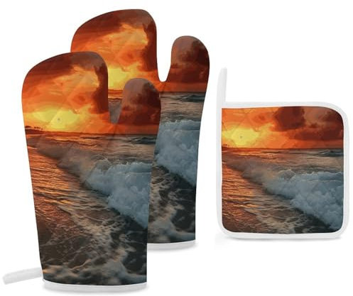 Ofenhandschuhe und Topflappen, 3-teiliges Set, Ofenhandschuh, Sonnenuntergang, hitzebeständige Küchenhandschuhe zum Kochen, rutschfeste Kochhandschuhe zum Backen, Küche, heiße Pads zum Grillen, Mikro