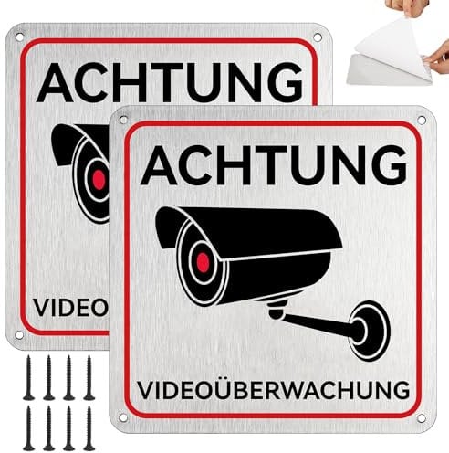 Achtung Videoüberwachung Schild，2 Stück Aluminium Privatgrundstück with Screws, 15x15cm Kameraüberwachung, 4 Bohrlöcher Schild Videoüberwachung, for Zuhause, Outdoor