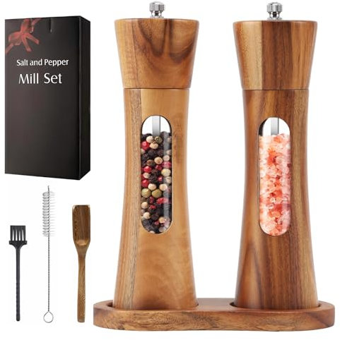 Nicoone Salt and Pepper Grinder Set, Manual Wooden Salt and Pepper Mill Set with Wood Tray, Salt Pepper Mills Grinders 2 Pieces