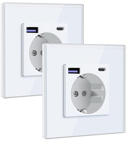 BSEED Enchufe Schuko con USB C 20W 1 Gang 2 Pack, Enchufe de Pared con USB 16A con Placa de Cristal 86 * 86mm, Blanco