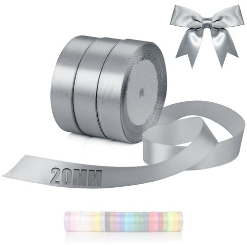 TXXATX 66 m Cinta de Raso 20 mm Cintas Gris Plateado Tela 3 Rollos Regalo Lazo para Costura Boda Bautizo Cumpleaños Envoltura de Regalos Decoración