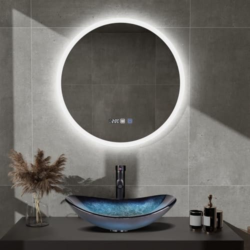 YOURLITE Miroir Salle de Bain avec Éclairage 60cm, Forme Rond Lumineux LED Antibué, 3 Températures de Couleurs Dimmables, Affichage Heure et Température, avec Interrupteur Tactile, Étanchéité Ip44