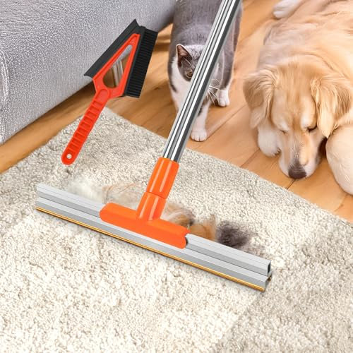 Upgrade-Carpet Rake for Pet Hair Removal 62'' Adjustable Long Handle Dog/Cat Hair Carpet Rake,Carpet Scraper for Rug Stairs Couch Furniture (Orange)