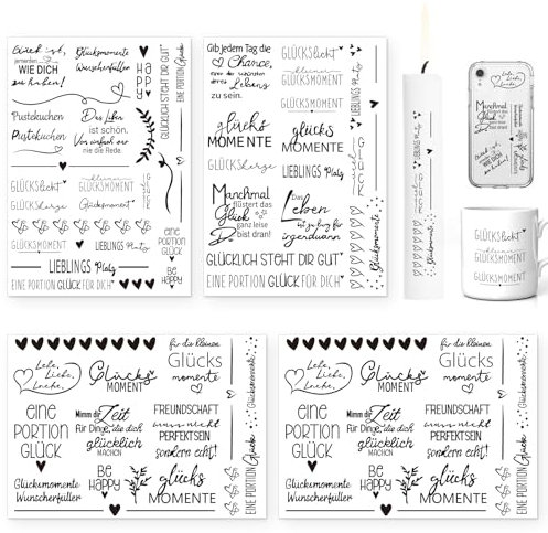 Rub On Sticker, 4 Stück Sprüche Deko Sticker, 19x14 Zentimeter Rub On Folie, Glücklicher Moment Rub On Transferaufkleber für Glas, Holz, Handarbeiten, DIY Crafts, Kerzen und Dekoration