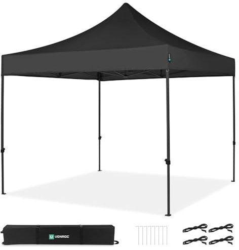 VONROC Carpa para Fiestas Easy-Up 3 x 3 m Negra – Toldo de jardín Impermeable, protección UV 50+, Estructura de Acero, Bolsa con Ruedas, Modular y Ampliable