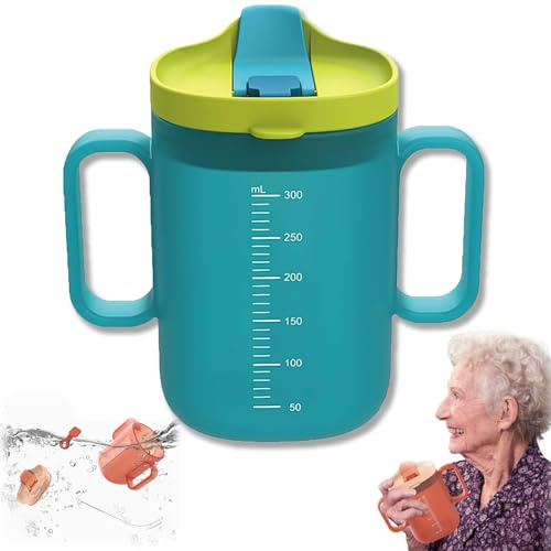 Bicchiere per anziani da 300 ml, a prova di perdite, perfetto per anziani, pazienti, donne incinte e disabili (blu)