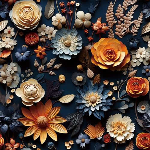 FunStick 44.5CMx9M Peel and Stick Wallpaper Blue and Orange Sticky Back Plastic for Cupboards Furniture Vintage Daisy Rose 3D Effect Floral Wallpaper for Bedroom Botanical Navy Blue and Orange Mural