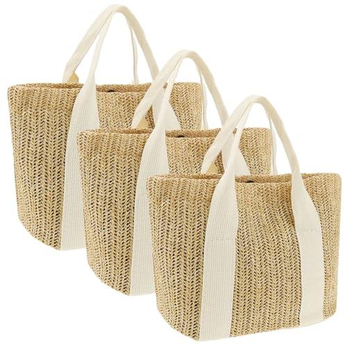 Deuson Lot de 3 grands sacs de plage en paille rétro pour femme, sac de transport tissé, sac tissé pour vacances, voyage, plage, été