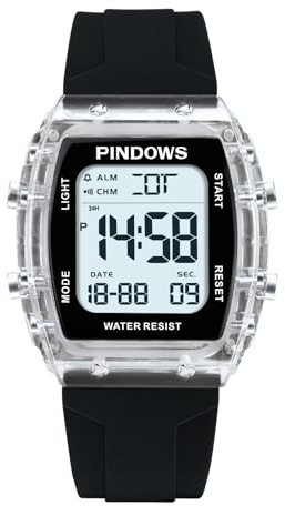 PINDOWS Digitale Sportuhr für Damen, transparentes Gehäuse, helles LED-Licht, 5 ATM wasserdicht, Stoppuhr-Alarm, Dualzeit, stilvolle Uhr für aktive Damen und Teenager