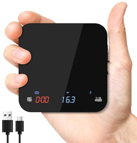 Diyife Mini Kaffeewaage mit Timer, Wiederaufladbare Espresso Waage, 4 Modi | 2kg/0,1g, Tragbare, Dreiteiligen Bildschirmanzeige, Automatischer Zeitmessung, Stille &Piepton, für Pour-Over, Espresso
