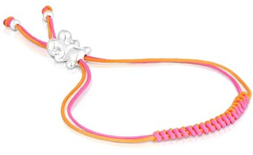 TOUS Pulsera de Cordón Fucsia y Naranja para Mujer con Motivo de Oso de Plata de Primera Ley, Colección Bold Bear