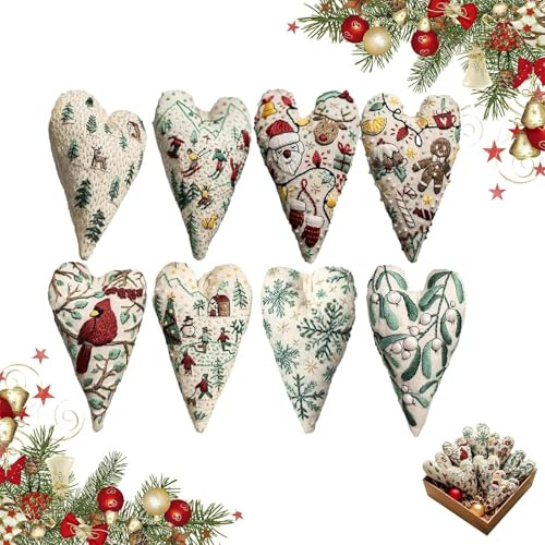 Christmas Embroidery Kit, 8PCS DIY Heart Cross Stitch Kit with Needles and Thread for Beginner Christmas Ornaments Craft Kit for Adult Xmas Tree Hanging Decoration