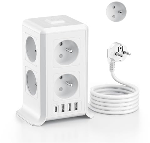 Multiprise avec Interrupteur Tour, Françaises 12 en 1 Prise Multiple avec 8 AC et 4 USB, Multiprise 1 USB C et Rallonge Electrique 2M, Multi Prise Electrique Convients Maison, 3680W, Blanc