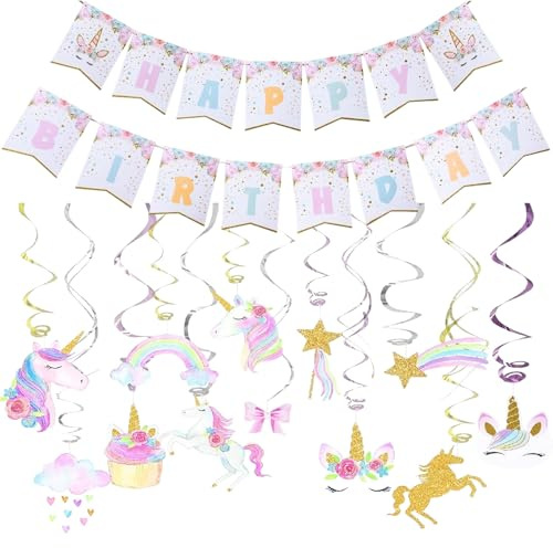 Einhorn Happy Birthday Girlande, Einhorn Deko Kindergeburtstag Geburtstag Girlande, Bunte Happy Birthday Banner mit Sterne Regenbogen Unicorn, Deko Geburtstag für Mädchen