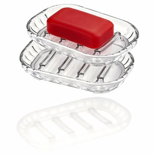 2 Stück Selbstentleerende Seifenschalen, Seifenschale Kunststoff 13 × 8.8 cm,Seifenablage Waschbecken,Hält Seifenstücke Trocken,Rutschfest Robust Soap Holder für Badezimmer Küche,Soap Dish Transparent