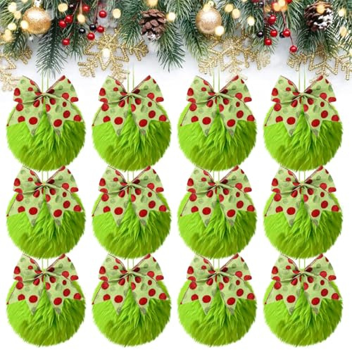 12Pcs Christmas Furry Baubles with Bows, 8cm Lime Green Plush Christmas Ball Ornaments Fluffy Tree Ball Plush Xmas Bauble for Party (Green, One Size)