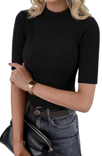 PrinStory Summer Tops for Women UK Half Sleeve Slim Fit T Shirts Crew Neck Tops Solid Knit T Shirts