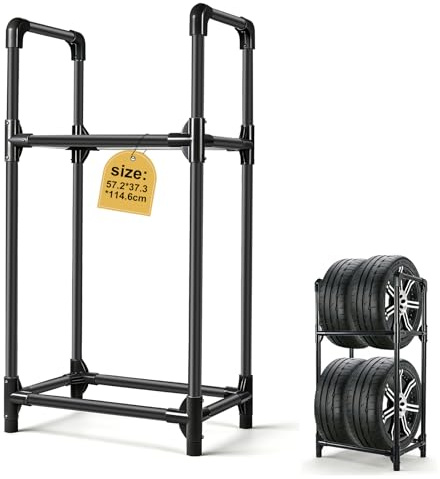 EXLECO Porta gomme 4 Pneumatici, 57x37x114cm Supporto con Copertura Protettiva, Espositore per Cerchi Auto, Scaffalatura da Officina, Garage, Supporto per Gomme, Acciaio Rivestito Nero, Capacità 200kg