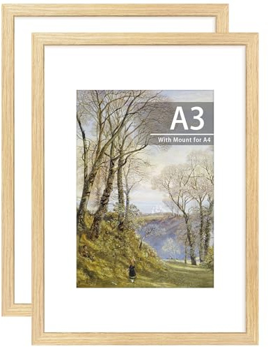 Tinkeps A3 Picture Frame, 100% Solid Wood, Oak, 2 Pack | Solid Wood and Plexiglass, A3 Frame with Mount for A4 Prints, Photos, and Posters, Wall Mountable