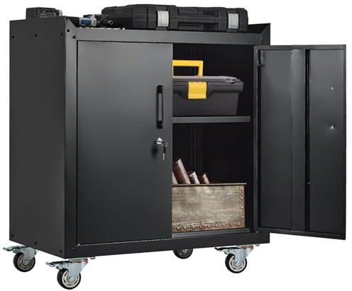 GarveeLife Metal Storage Cabinet on Wheels-Heavy Duty Garage Storage Cabinet with Locking Doors and Adjustable Shelves, Metal Tool Cabinet for Office, Home and Workshop