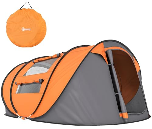 Outsunny Tenda da Campeggio Pop Up per 4 Persone, Tenda Campeggio Familiare 4 Posti 2000mm con Porta, Finestre Laterali e Borsa di Trasporto, Anti UV 20+, 263.5x220x123 cm, Arancione