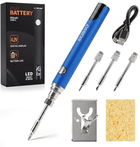 SEISSO Cordless Soldering Iron Kit, 8W USB-C Rechargeable Soldering Iron | with Digital Display, Adjustable 330–450°C, 650mAh Battery, 3 Tips, Portable Soldering Pen for Electronics Repair & DIY