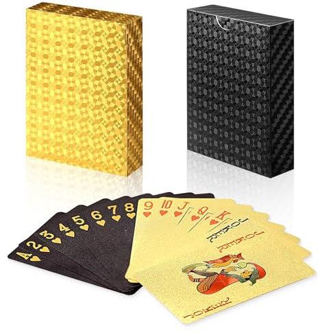 2 Deck Spielkarten Schwarz & Gold, 100% Wasserdichte Pokerkarten aus Plastik, Profi Kartendecks für Zaubertricks, Blackjack & alle Partys, Ideal für Weihnachten & Halloween