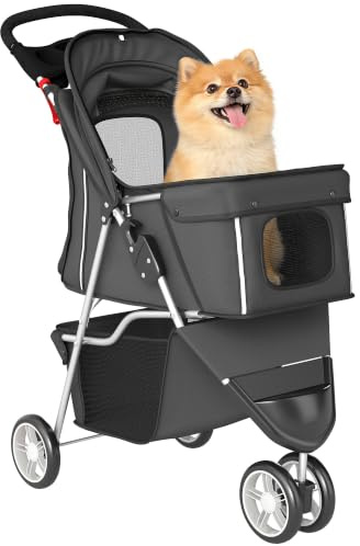 PawHut Hundewagen Hundebuggy Faltbar bis 10kg für kleine Hunde Dunkelgrau | Katzenwagen, Verstellbares Verdeck, Aufbewahrungskorb, Getränkehalter, Atmungsaktives Mesh, Haustierbuggy