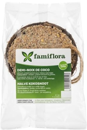 Famiflora Halbe Kokosnuss gefüllt - 48 Stück (9,6 kg) - Außenvögel - Samen und Insekten - +/- 200g pro Stück - Für Gartenvögel - 100% natürlicher Behälter - Gefüllt mit hochwertigem Rinderfett