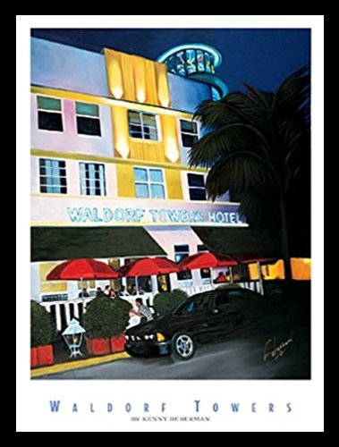 Buyartforless Arbeit gerahmt, Waldorf Towers von Kenny Beberman, 22 x 28 cm, Kunstdruck, Vintage, Hotelmalerei, Nachtlichter, leuchtendes Schwarz