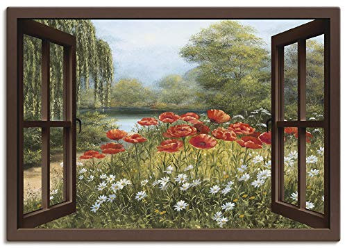 ARTLAND Wanddeko Leinwand Bilder Wandbild 100x70 cm Fensterblick Fenster Landschaft Blumen See Natur Malerei Mohnblumen F7EO