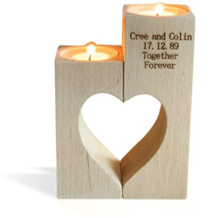 Personalisierter Kerzenständer Herz, Graviertes Teelichthalter-Set mit Zwei Wunschnamen und Datum, Herzförmiges aus Holz für Verliebte Paare, Kerzenleuchter, Geschenke für Hochzeit, Familiengeschenke
