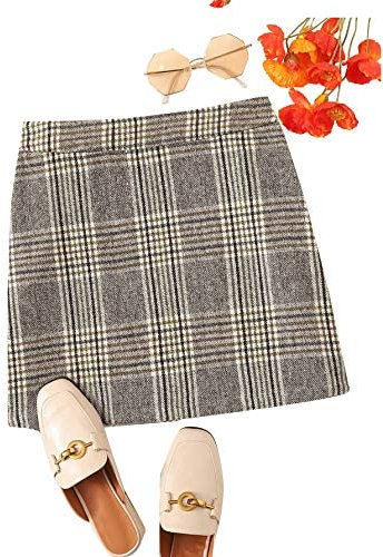 Floerns Women's Plaid High Waist Bodycon Mini Skirt Grey Brown L