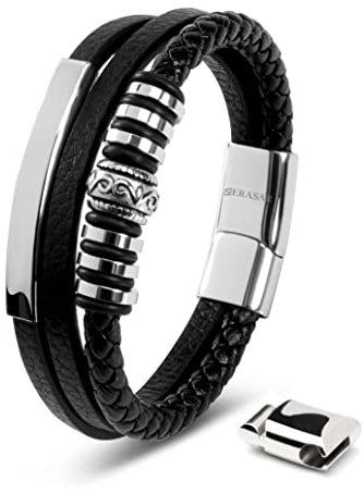 SERASAR Mens Silver Bracelets 23cm Bracelet Men Gift Box Genuine Leather Cowhide Braided Magnetic Clasp Multi Layer Wrap Rope Man Mans Male Band Jewelry Magnet Accessories