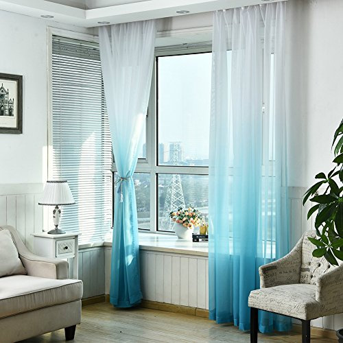 NSXIN 2er Set Farbverlauf Vorhang Sheer Voile Gardine mit Topaktuelle Farbverlauf Muster Schals Fenster Vorhänge Dekoschal mit Ösen, BxH 100 x 270 cm (Blau)