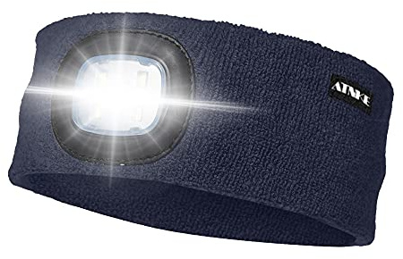 ATNKE LED Beleuchtetes Stirnband, Wiederaufladbare USB Lauf Stirnbänder mit Licht Extrem Heller 4 LED Lampe Winter Warme Stirnlampe für Herren und Damen Geschenke/Navy