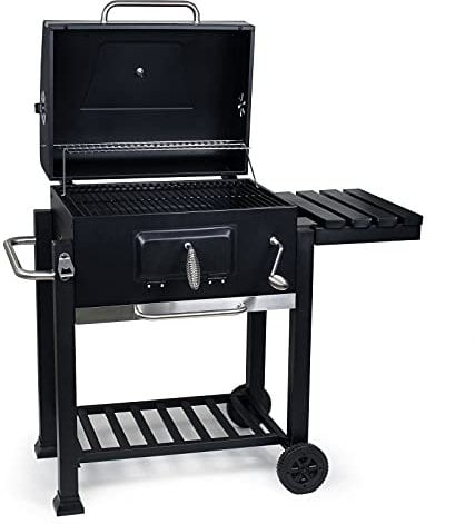 Wiltec Barbacoa carbon vegetal móvil con tapa, estante, trampilla, altura de brasas regulable, termómetro, grill asador parrilla BBQ