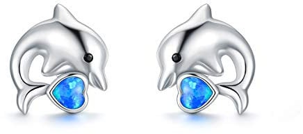 Toupop Sterling Silber Delphin Ohrstecker Erstellt Opal Nette Ozean Tiere Ohrringe für Mädchen Delphin Schmuck Geburtstag Weihnachten Geschenke