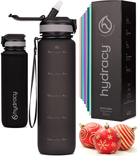 Hydracy Gourde d'Eau 1L sans BPA, Bouteille avec Marqueur de Temps, Paille et Verrouillage Sécurisé - Housse en Néoprène, Étanche, Anti-Fuite, Réutilisable, Légère - Idéal pour Sport, École, Travail